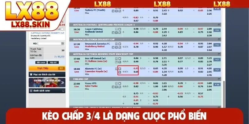 Kèo chấp 3/4 là dạng cược phổ biến